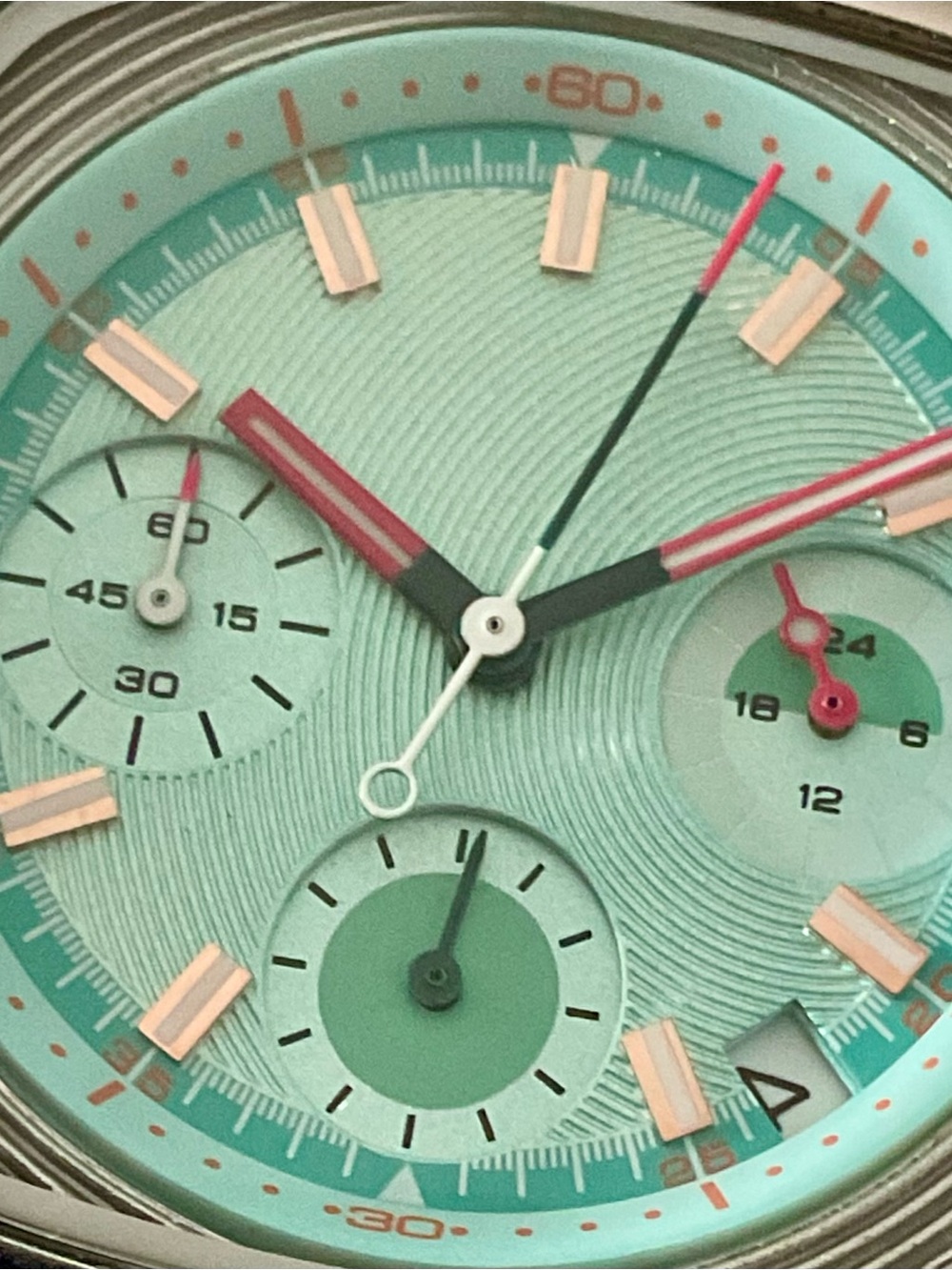 NIB Teal Blue Television Style Ciloa Three Register Chronograph S/S Bracelet